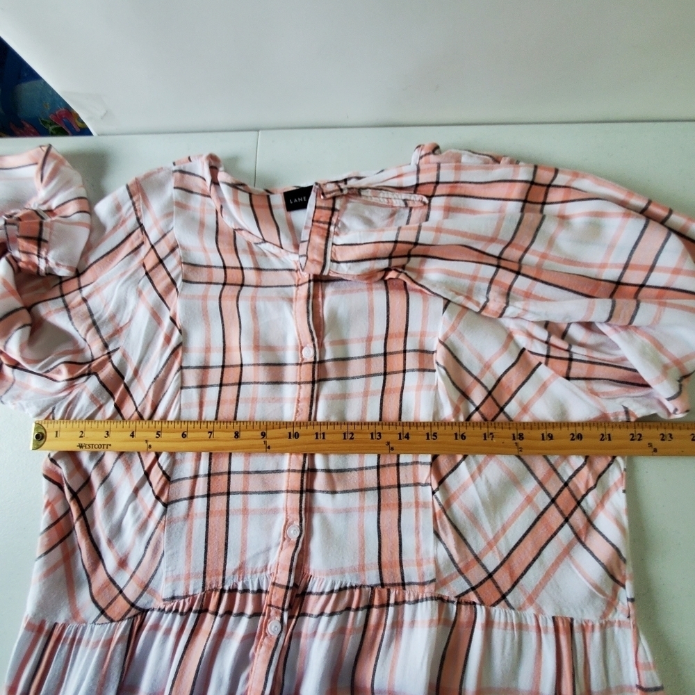 Lane Bryant Plaid‎ Babydoll Top Size 16 Button Front No-Peek Long Sleeve Rayon - Picture 7 of 12